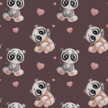 Ayılarla kusursuz desenler. Kalpli, karanlık bir arka planda farklı duyguları olan sevimli, komik bir panda. Suluboya. çocuk koleksiyonu