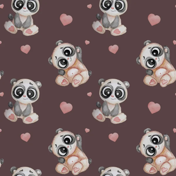 Seamless patterns with bears. Cute funny panda with different emotions on a dark background with hearts. Watercolor. childrens collection