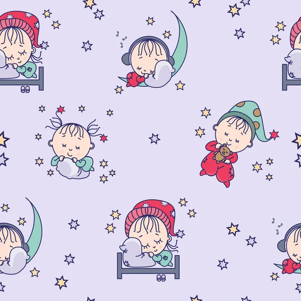 Patrones sin costuras. Lindos niños pequeños duermen dulcemente en una almohada, cama y en la luna sobre un fondo púrpura claro con estrellas. Vector. Colección de niños — Vector de stock