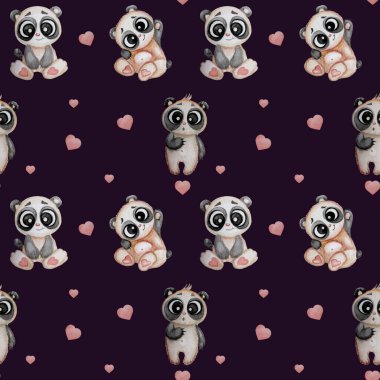Ayılarla kusursuz desenler. Siyah arka planda farklı duyguları olan sevimli, komik bir panda. Suluboya. Çocuk koleksiyonu. Yazdırma, tekstil, duvar kağıdı, ambalaj, tasarım, dekorasyon için