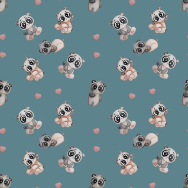 Kusursuz desenler. Açık yeşil arka planda kalpleri olan sevimli küçük ayılar. Suluboya. Çocuk koleksiyonu. Yazdırma, tekstil, duvar kağıdı, ambalaj, tasarım ve dekorasyon için