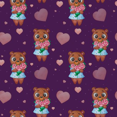 Kusursuz desen. Şirin bir karakter ayısı. Mor arka planda, kalbi olan pembe çiçekli bir kız. Suluboya. Baskı, sevgililer günü kartı, tekstil, duvar kağıdı, ambalaj, tasarım, dekor için