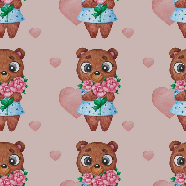 Seamless pattern with cute animals. Beautiful brown bear girl in a dress with a bouquet of flowers on a pink background with hearts. Watercolor. for print, textile, wallpaper, packaging, design, decor