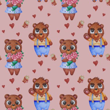Kahverengi ayılarda pürüzsüz desen. Şirin hayvanlar. Çiçekli bir kız ve pembe arka planda pantolon askısı takmış, kalbi olan bir adam. Suluboya. Tekstil, duvar kağıdı, ambalaj, dekor için