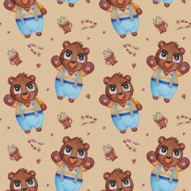 Boz ayıyla kusursuz bir desen. Adam, bej arka planda pantolon askısı olan sevimli ve korkunç bir karakter. Suluboya. Basın, tekstil, duvar kağıtları, ambalaj, tasarım, dekor için