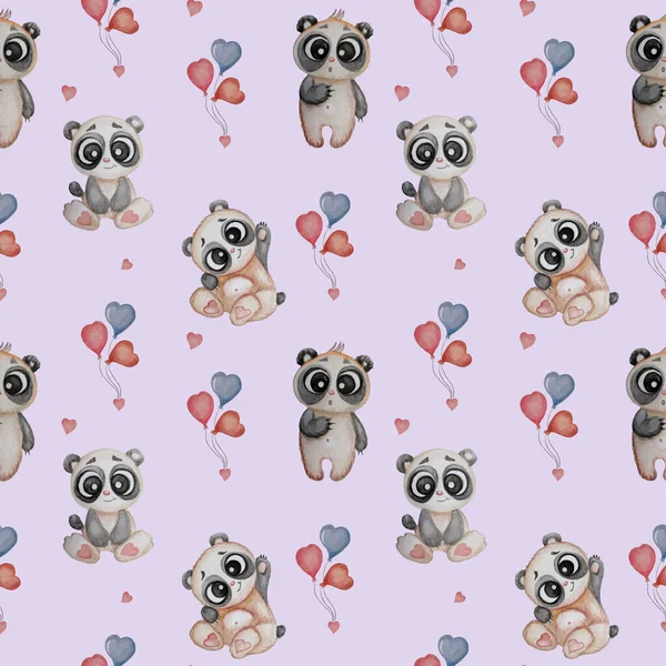Seamless patterns with cute bears. Funny pandas on a light purple background with hearts and balloons. Watercolor. Kids collection. For printing, textiles, wallpaper, packaging, design and decoration
