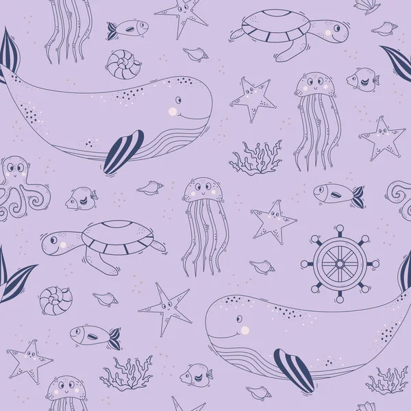 Seamless patterns with marine life. Cute marine animals - whale and jellyfish, turtle and octopus, starfish and fish, shells and corals on a lilac background. Vector illustration. Line, outline 