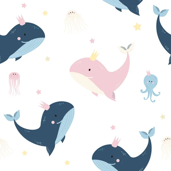 Patrones Sin Costura Con Animales Marinos Lindo Azul Rosa Ballena — Vector de stock