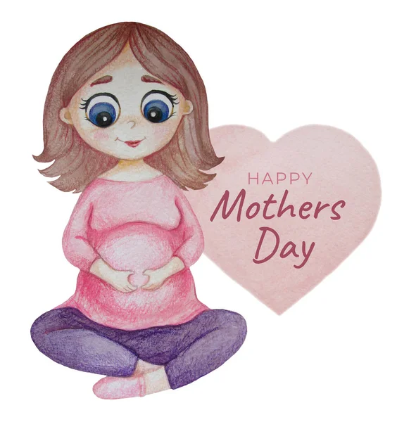 母の日 可愛い幸せな妊婦さんが座ってお腹を抱いています ハートとレタリングで白い背景 Happy Mother Day 水彩画 デザイン グリーティングカードやプリントのために — ストック写真