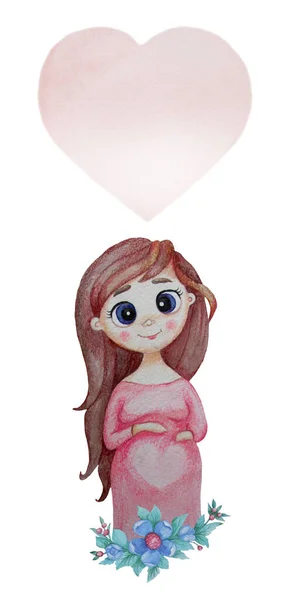 Przyszłe Macierzyństwo Akwarela Cute Szczęśliwy Ciąży Kobieta Długimi Włosami Różowej — Zdjęcie stockowe