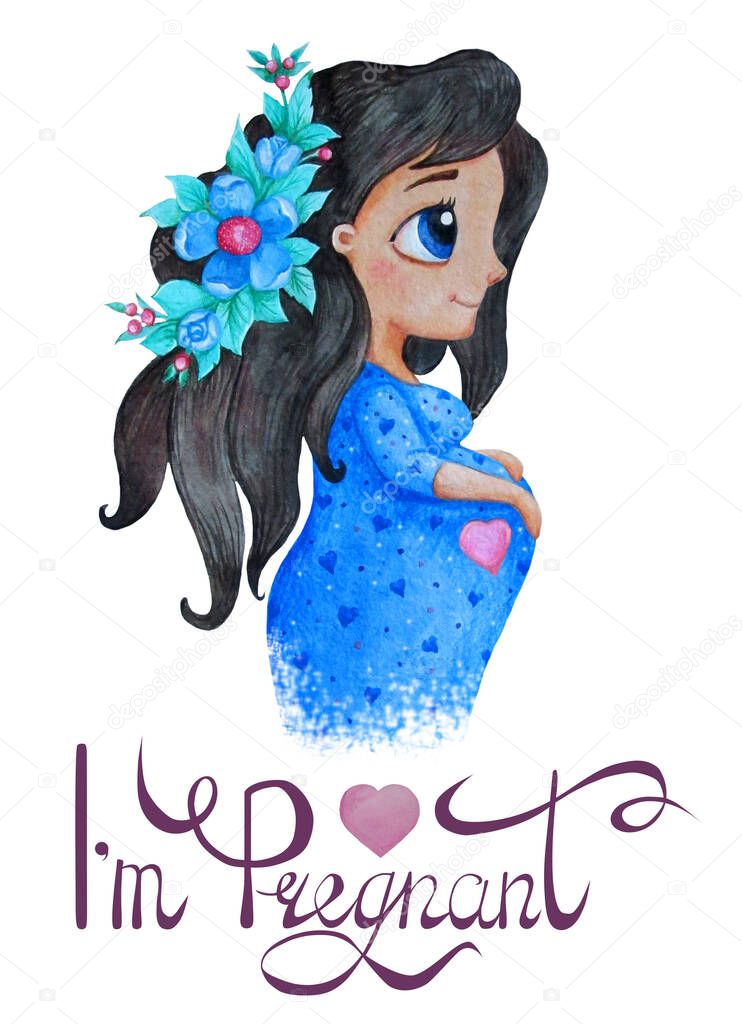 Pregnancy and motherhood. Pretty happy pregnant woman with a bouquet of flowers in long hair in a blue dress in profile. Gently hugs the belly. Watercolor. postcard - I'm pregnant. white background