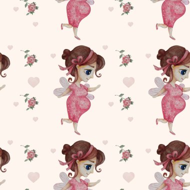 Kusursuz desenli mutlu hamilelik. Çiçekler ve kalplerle pembe bir arka planda pembe elbiseli sevimli hamile peri kadın. Tasarım, dekorasyon, duvar kağıdı, ambalaj, tekstil, baskı için suluboya