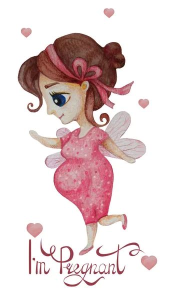 Budoucí mateřství. Roztomilá těhotná žena v růžových šatech. Akvarel. Vertikální pohlednice s nápisem "Jsem těhotná". Ruční kresba — Stock fotografie