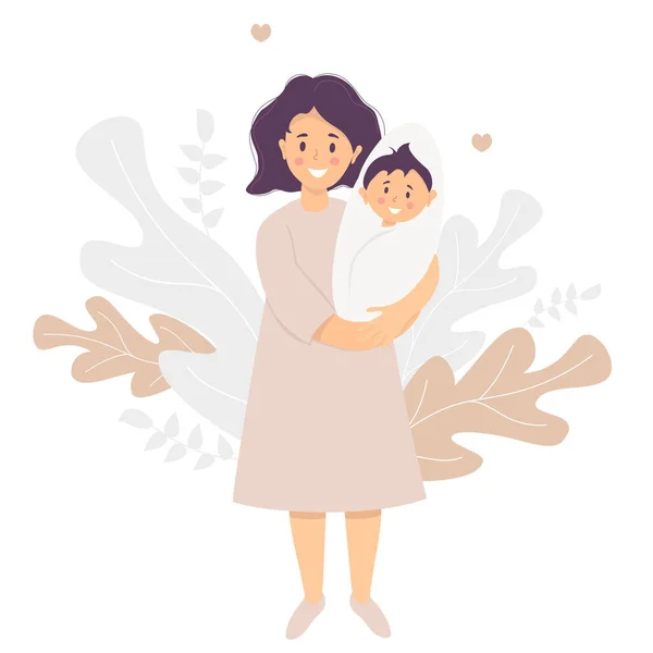 母性。抱着新生儿的快乐女人。背景上的热带树叶和植物装饰图案.新的生活和快乐的妈妈和宝宝。病媒。平面插图 — 图库矢量图片