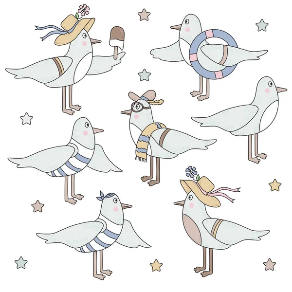 Σύνολο θαλάσσιων πτηνών - γλάροι. Χαριτωμένοι αστείοι χαρακτήρες - ένα αγόρι με γιλέκο και μια μπαντάνα με ένα θαλάσσιο σωσίβιο και ένα κορίτσι με παγωτό. Βέκτορ. Απομονωμένα σε λευκό φόντο — Διανυσματικό Αρχείο