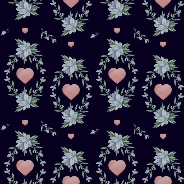 Nahtlose Muster. Geometrische Blumenmuster - blaue Blumen, Knospen, Zweige und Herzen auf blauem Hintergrund. Aquarell. Für Design, Dekor, Verpackung, Textilien, Dekor und Tapeten — Stockfoto