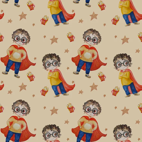 Seamless pattern with little superheroes. Two cute boys with a smile, glasses and curls in a long red raincoat. Thin and stout child on a beige background with sweets, dessert and stars. Watercolor