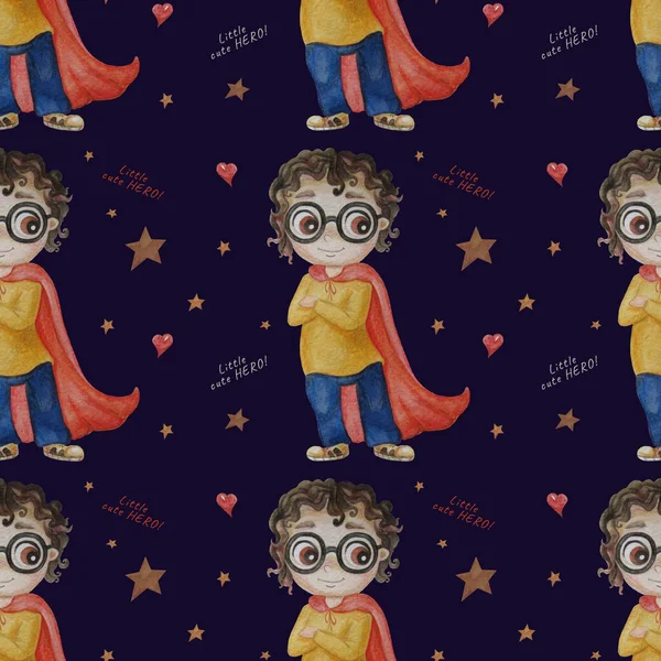 Seamless pattern with little super hero. A super boy with glasses and curly hair in a long red cloak. Stands with his arms crossed over his chest. Blue background with stars and hearts. Watercolor