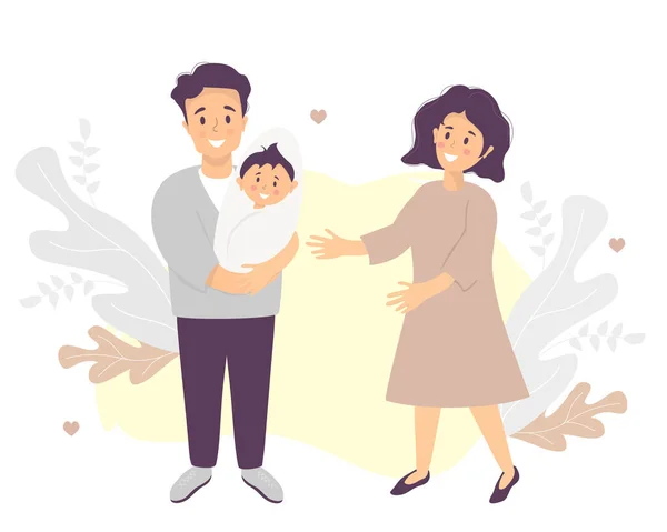 Идея семейной жизни. Счастливый муж держит на руках улыбающегося новорожденного сына. Рядом с ним стоит прекрасная жена-женщина. Векторная иллюстрация. Светлокожая семья с малышом — стоковый вектор