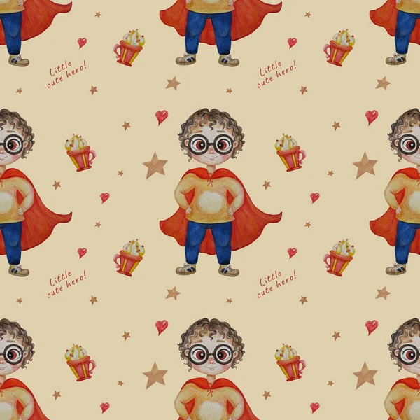 Seamless background with little superhero. A cute super-boy with glasses and curls in a long red cloak. Standing, arms crossed on hips on a beige background with sweets and stars. Watercolor