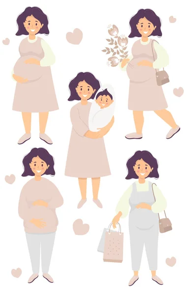 Vektorsatz von Mutterschaft und Schwangerschaft. Glücklich schwangere Frau umarmt ihren Bauch mit den Händen, mit einem Blumenstrauß, mit einem Neugeborenen, Taschen, in einem Kleid und einer Hose. Vektor. flache Abbildung — Stockvektor