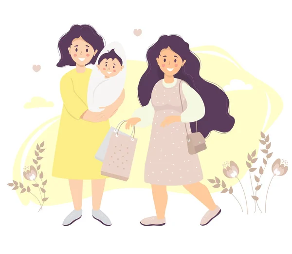 穿着裙子的妈妈抱着一个刚出生的儿子 旁边是一个长头发的姑娘 手里拿着包裹 背景是植物 矢量图解 快乐的女性Lgbt家庭 — 图库矢量图片