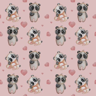 Kusursuz desenler. Sevimli ayılar. Açık pembe arka planda kalpleri olan komik panda karakterleri. Suluboya. Çocuk koleksiyonu. Yazdırma, tekstil, duvar kağıdı, ambalaj, tasarım ve dekorasyon için