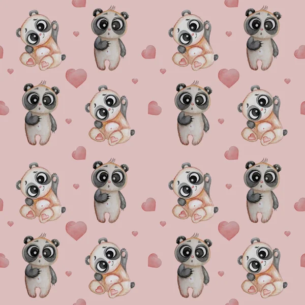 Seamless patterns. Cute bears. funny Panda characters on a light pink background with hearts. Watercolor. Childrens collection. For printing, textiles, wallpaper, packaging, design and decoration