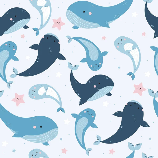 Seamless patterns with sea animals. Cute blue whales, dolphins and starfish on a light background. Vector. For design, decor, printing, textiles, packaging and wallpaper