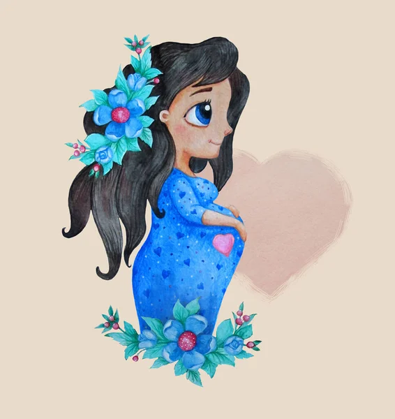 Szczęśliwej Ciąży Słodka Szczęśliwa Ciężarna Dziewczyna Kwiatami Długich Ciemnych Włosach — Zdjęcie stockowe