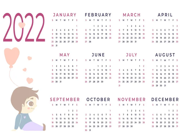 Kalender 2022 Horizontale Vorlage Für Ein Jahr Monate Netter Junge — Stockvektor