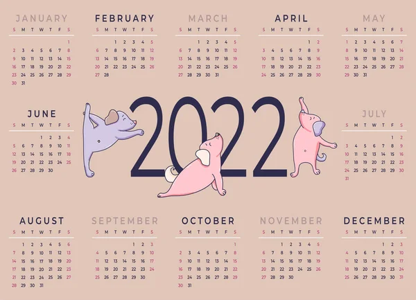 Calendario 2022 Plantilla Horizontal Para Año Meses Diseño Yoga Para — Archivo Imágenes Vectoriales