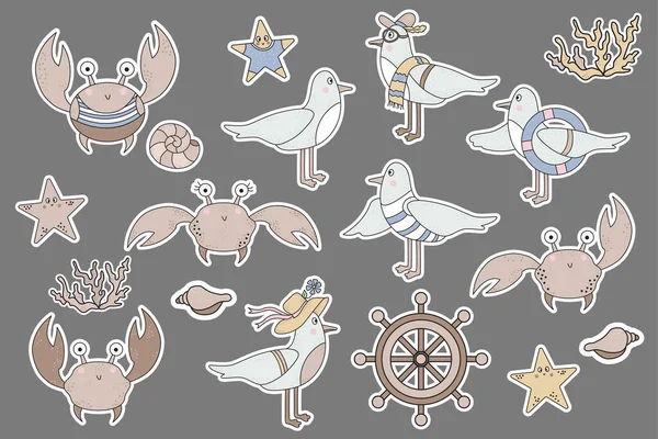 Gran Conjunto Aves Marinas Animales Pegatinas Lindos Personajes Cangrejos Estrellas — Vector de stock