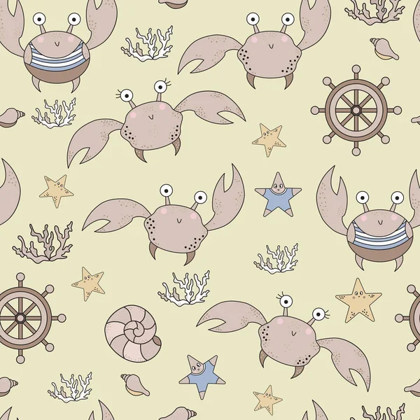 Seamless Patterns Marine Life Cute Funny Crabs Corals Starfishes Seashells — Stock Vector