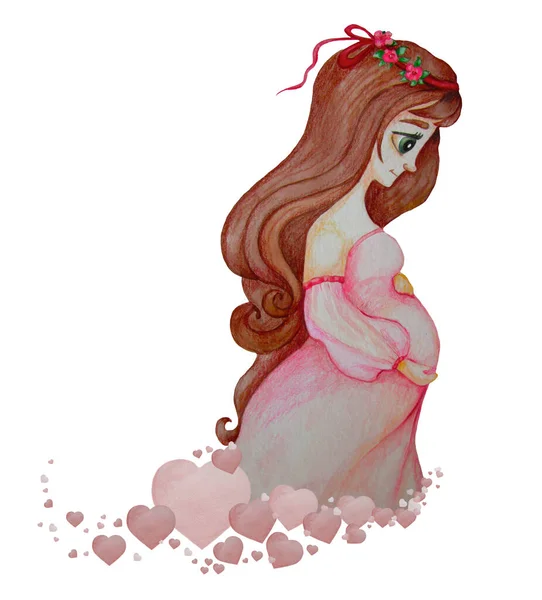 Beautiful Pregnancy Cute Happy Pregnant Woman Long Hair Pink Dress — Stockfoto