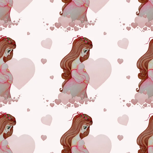 Zökkenőmentes Minták Aranyos Terhes Lány Koszorúval Hosszú Hajjal Rózsaszín Ruhában — Stock Fotó