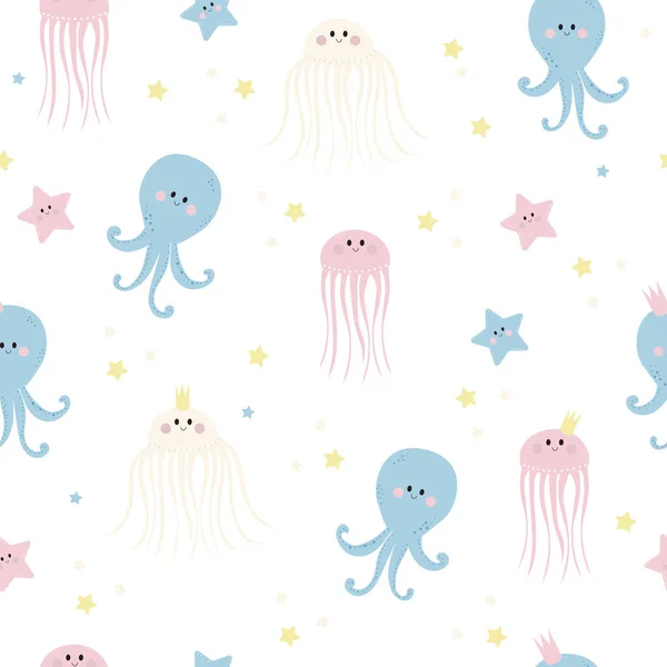 Seamless patterns with sea inhabitants. Cute starfishes, jellyfish and octopus on a white background. Vector. For design, decor, printing, packaging, textiles and wallpaper