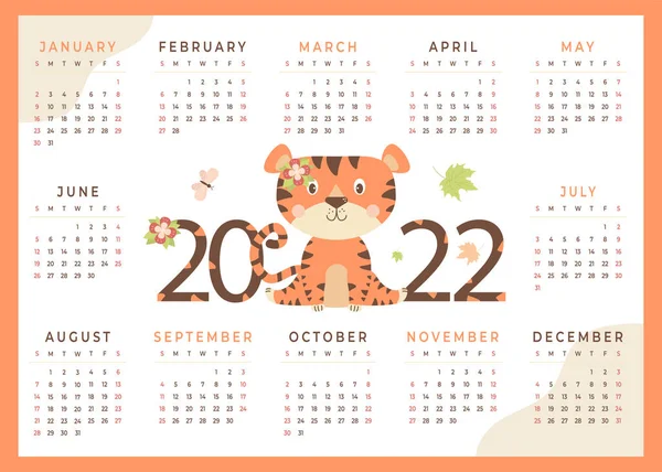 Tiger Calendar 2022 Tiger Symbol New Year 2022 Childrens Calendar — Stock Vector
