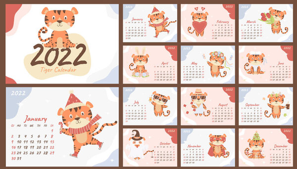 Wall calendar template for 2022. Year of the Tiger in the Chinese or Eastern calendar. A set of 12 pages and a cover with a cute striped tiger. Vector illustration. Stationery, design, print and decor