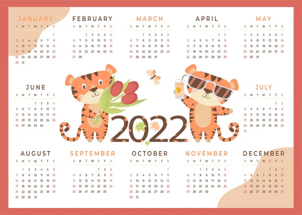 2022 Tiger Calendar 2022 Cute Animals Tiger Symbol New Year — Archivo Imágenes Vectoriales