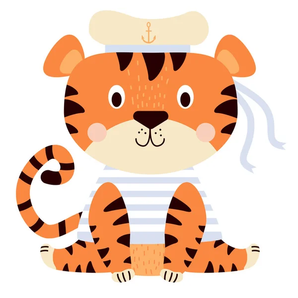 可爱的老虎 一个穿着海服的滑稽角色 一件条纹背心和一顶有缎带锚的帽子 矢量图解 2022年虎年 用于设计 明信片和装饰 — 图库矢量图片
