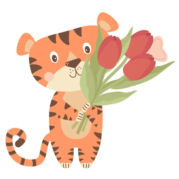 Милый Тигренок Букетом Цветов Тюльпаны Записка Сердцем Год Тигра Китайском — стоковый вектор