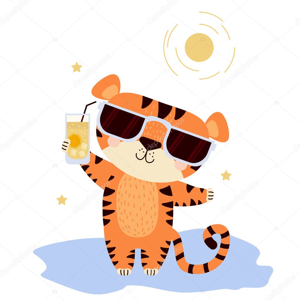 Cute tiger on vacation. A funny striped character in sunglasses stands with a glass of citrus cocktail in his paw. Vector. 2022 year of the tiger. For design, printing, decoration and decor