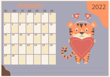 Şubat 2022 için planlama takvimi. Kocaman kalbi olan sevimli kaplan yavrusu Sevgililer Günü 'nü kutluyor. Çin 'de ya da doğuda Kaplan yılı. Vektör. Yatay şablon. Kırtasiye, tasarım, yazdırma