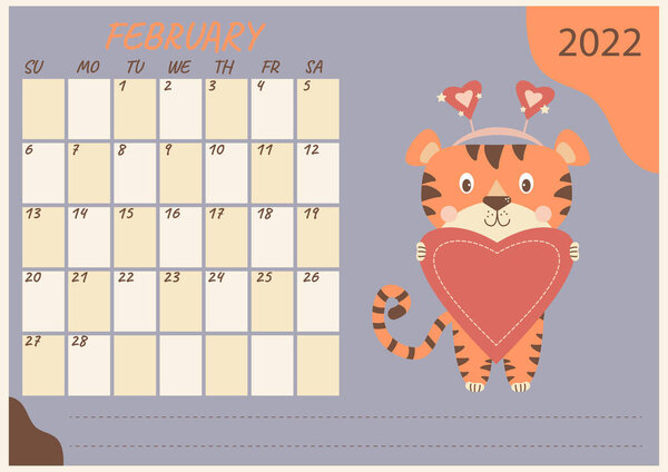 Planner calendar for February 2022. Cute tiger cub with a big heart, congratulates on Valentines Day. Year of the Tiger in Chinese or oriental. Vector. Horizontal template. Stationery, design, print