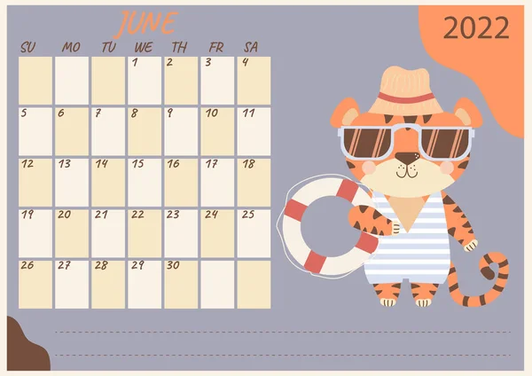 Planner Calendar June 2022 Cute Tiger Cub Sunglasses Striped Swimsuit — Stock Vector