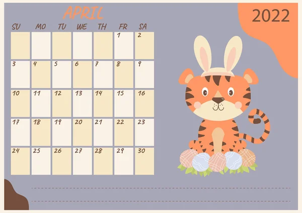 Planner Calendar April 2022 Cute Easter Tiger Bunny Ears Easter — Stock Vector