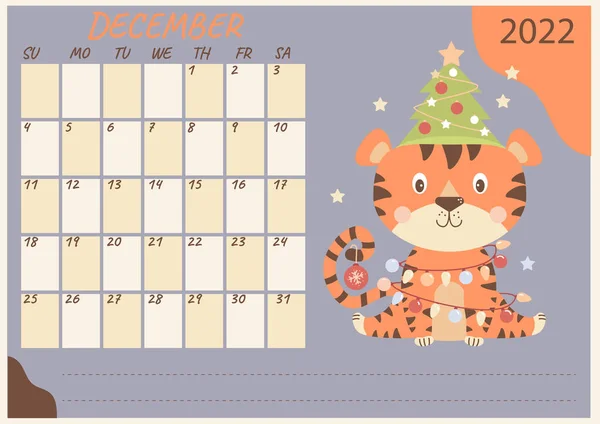 Horizontal Planner Calendar Template December 2022 Cute Tiger Christmas Tree — Stock Vector