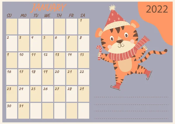 Planner Calendar January 2022 Cute Tiger Scarf Santa Hat Candy — Stock Vector