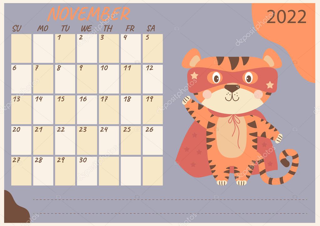 Calendar Wizard 2022 ✓ Planner Calendar For November 2022. Horizontal Template. Cute Tiger Wizard  In A Mask And A Red Cloak. Year Of The Tiger In Chinese Or Oriental. Vector  Illustration. Stationery, Design And Printing